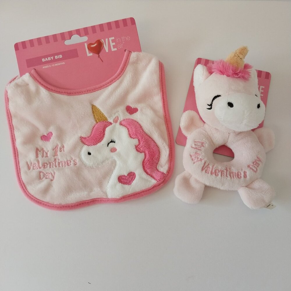 NWT My 1st Valentine's Day Unicorn Bib and Rattle
